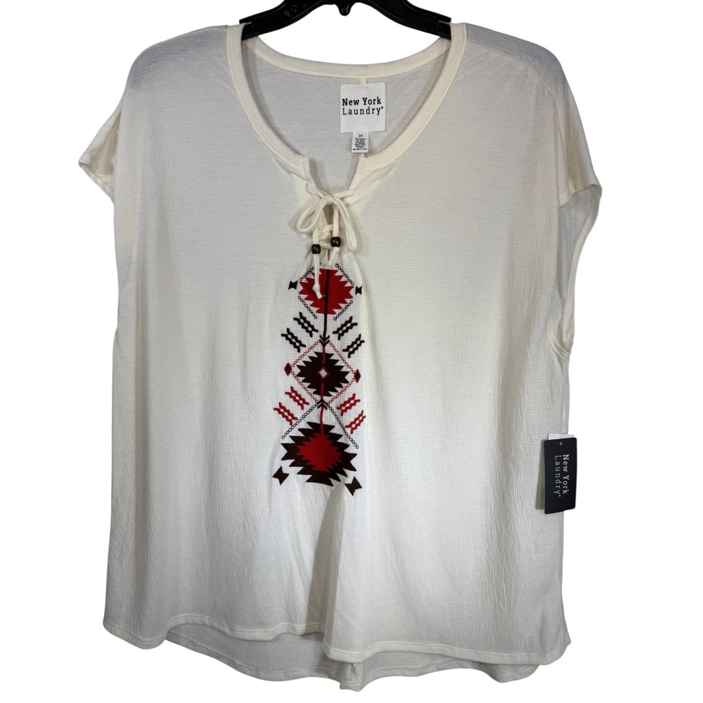 New York Laundry Womens 2X Cream Embroidered Lace Up Boho Top NWT